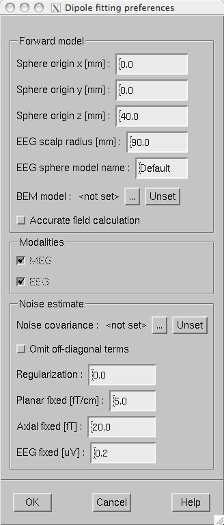 The dipole fitting preferences dialog