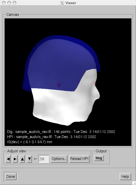 Snapshot of mne_analyze in the head position visualization mode